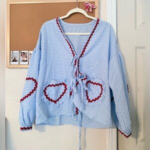 Blue Gingham Blouse with Red Heart Accents
